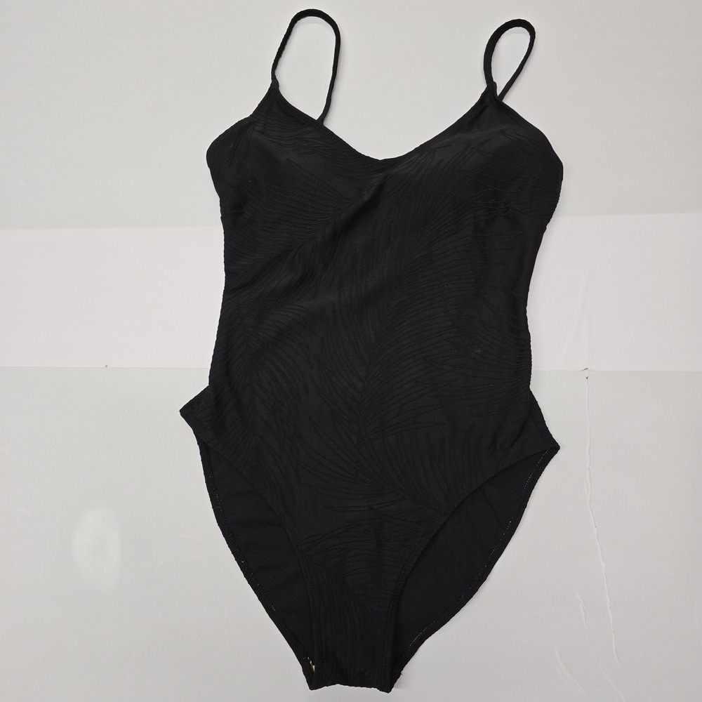Sand N Sun Black Textured Palm Leaf One Piece Swimsuit Women Medium V-Neck